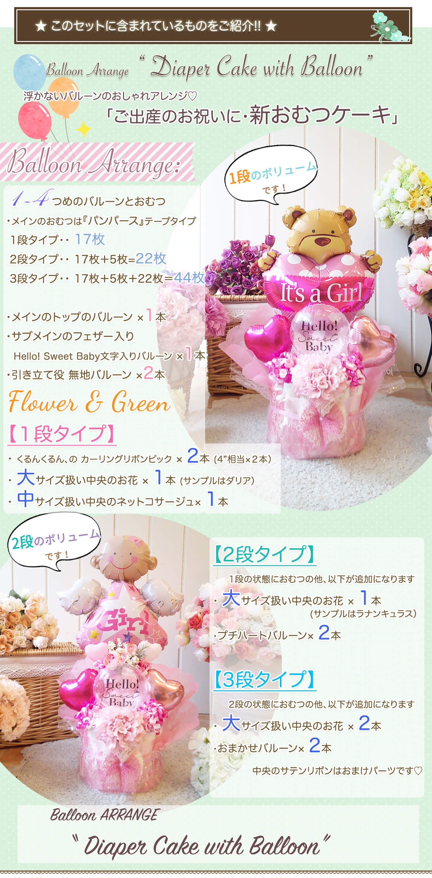 出産祝いのおむつケーキ｜バルーンが選べる 1段・2段・3段対応