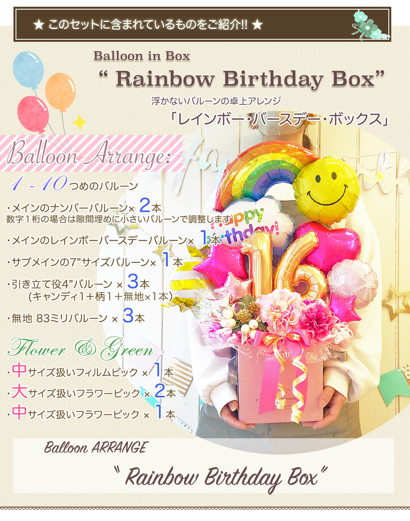 大きな数字で誕生日を華やかに彩るレインボー卓上バルーンギフト